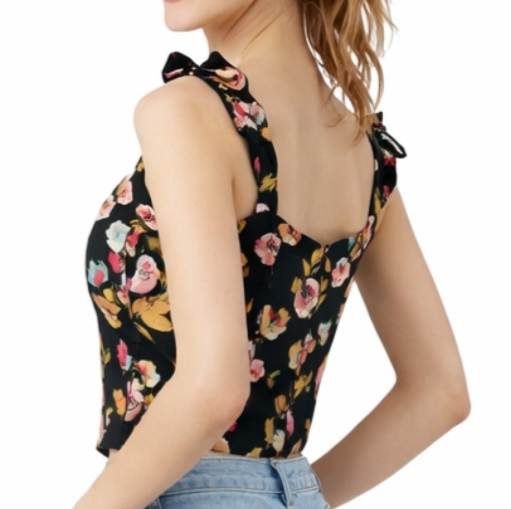 Abound Black Floral Cropped Top Size S Ruffles Feminine Coquette Girl Summer - Picture 2 of 13